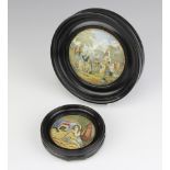 A Prattware pot lid - Little Red Riding Hood 8cm and ditto - The Village Wedding 12cm, framed