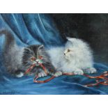 Agnes Augusta Tallboy (? - 1940) RWA, oil on board signed, study of two cats and a ribbon 29cm x