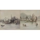 20th Century watercolours, a pair, indistinctly signed, Chinese riverside scenes, 15cm x 15cm