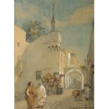 Watercolour, indistinctly signed, inscribed Rue Erba Tripoli 1884, figures in a back street 32cm x