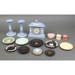 A Wedgwood blue jasper timepiece decorated classical figures 15cm, a pair of candlesticks, 3