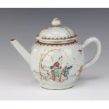 An 18th Century Chinese famille rose bulbous teapot decorated with figures playing with a