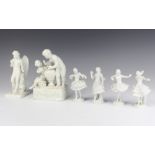 A blanc de chine group of 2 children beside an urn raised on a rectangular base 15cm, 5 other