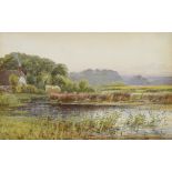 Frank Walton, watercolour, rural landscape with distant figures, horses, cart and thatched