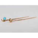 Two 9ct yellow gold tie pins - turquoise and seed pearl