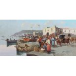 20th Century oil on board, indistinctly signed, an Italian coastal village with figures and boats
