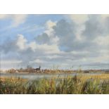 Ann Knowler, oil on board, "Bosham Church from Chidham" 29cm x 39cm