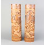 A pair of 19th/20th Century Chinese carved bamboo vases decorated birds 39cm x 11cm (split to 1)