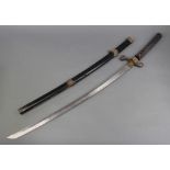A Japanese Katana sword, the tang with 4 figure signature and 69cm blade, contained in a lacquered