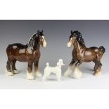 Three Beswick figures - cantering shire horse H975 brown gloss 22.2 cm, a shire mare H818 brown