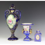 A modern Dresden 2 handled urn shaped vase decorated with spring flowers 18cm together with a