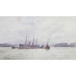 Frederick Edward Joseph Goff (1855-1931), watercolour signed, river scene with boats 19cm x 33cm