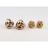 Three pairs of 9ct yellow gold knot earrings, 5.8 grams