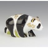 A Royal Crown Derby Imari pattern paperweight of a baby panda walking with silver stopper 6cm