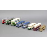 Three Corgi model omnibuses, 3 Corgi model motorcoaches, 2 trams