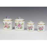 Five Dresden lidded jars decorated with flowers 6.5cm and 9cm