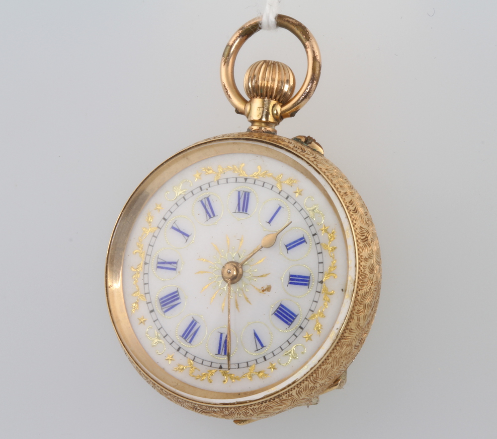 A lady's 14ct yellow gold fob watch with enamelled dial The back cover is detached