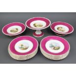 An Edwardian dessert service with burgundy rim enclosing landscape views comprising 3 tazzas and