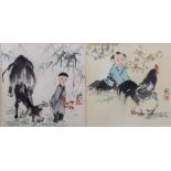 20th Century watercolours, signed, a pair, Japanese studies of a child with an ox and a child with