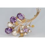 A 9ct yellow gold amethyst, baroque and cultured pearl spray floral brooch 65mm