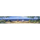 Alan King, oil on board, signed, sheltered beach scene 9cm x 49cm