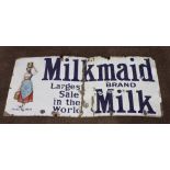 An enamelled advertising sign - Milkmaid Brand Milk largest sales in the world 56cm h x 122cm w