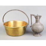 A brass preserving pan with iron handle 12cm x 32cm together with a Art Nouveau embossed Britannia