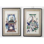 A pair of Chinese watercolours on rice paper of dignitaries with attendants 30cm x 18cm Both are