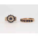 Two 9ct yellow gold sapphire and diamond cluster rings, size K and M, 6.2 grams