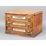 A Victorian oak table top chest of 3 drawers with stencilled panels marked Forest, Celebrated and