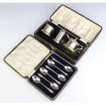 A matched silver 3 piece condiment together with a cased set of teaspoons Sheffield 1923, 230 grams