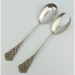 A pair of silver salad servers with fancy handles London 1957, 218 grams