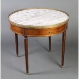 A 19th Century circular French walnut occasional table with white veined marble top and pierced gilt