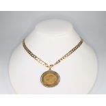 A 1968 sovereign contained in a 9ct mount with chain 54cm total of 9ct gold 28 grams