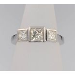 An 18ct white gold 3 stone princess cut diamond ring size M 1/2, 1.6ct