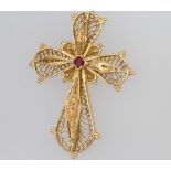 A 14ct yellow gold gem set filigree cross pendant, 55mm, 6.3 grams