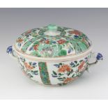 A 19th Century Chinese famille verte 2 handled bowl and cover decorated flowers 20cm