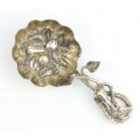 A Victorian cast silver caddy spoon with fruit decorated bowl and floral handle, London 1852, 8cm,