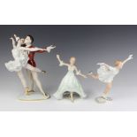 A Wallendorf figure of 2 dancers 26cm, a ditto of an ice skater 17cm and another of a dancer 18cm