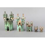 Five various copper models of Greek Orthodox churches - 16cm x 6cm x 7cm, 15cm x 6cm x 6cm, 8cm x