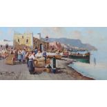 20th Century oil on board, indistinctly signed, Italian coastal village with figures and boats