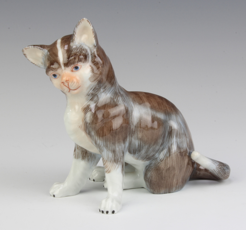 A 20th Century Dresden figure of a seated cat 13cm