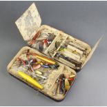 A 1920's Hardy Brothers japanned fishing lure box 5cm x 22cm w x 12cm with contents of vintage