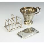 A silver card case Birmingham 1925, a toast rack and cup, 148 grams