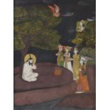 19th Century Indian watercolour on paper, a deity and attendants beneath an angel in a tree 24cm x