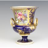 A 19th Century 2 handled classical vase, the blue and gilt ground with a panel of flowers 17cm The