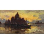 19th Century oil on canvas, indistinctly signed, moonlit harbour scene with moored boats 19cm x 37cm