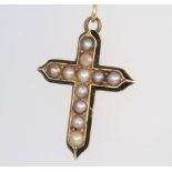 A 19th Century gold enamelled and seed pearl in memorium cross pendant 2.5 grams There are minor