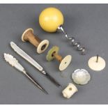 A Victorian mother of pearl fruit knife and minor items