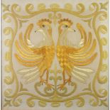 An Edwardian stitchwork panel decorated 2 birds, the reverse marked "This stitchwork was worked by